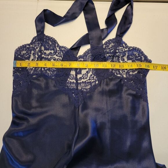 Vanity Fair Vintage Blue Satin Maxi Length Slip Dress Open Back Lace Panel Chest - Picture 13 of 13